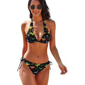 Cute Dinosaur Dino Bikini Sets Swimsuits for Women, 2 Piece Bathing Suit Halter String Tie Side Triangle Swimwear