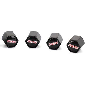 4Pcs Valve Stem Air Caps Red SS Logo Car Tire Covers Rustproof Zinc Alloy Chrome for Chevy Camaro Ford Styling Decoration Accessories(Tires Parts Valve Caps) (Black)