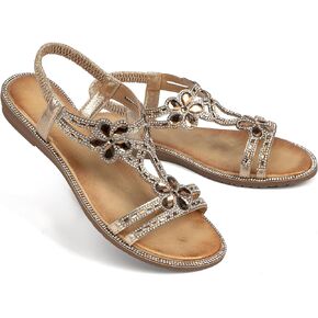 Womens Sandals Shoes Comfort Non Slip Walking Casual Summer Beach Shoes Dress Ankle Elastic Flower Jeweled Bohemian Flats