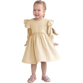 AGQT Toddler Girl Cotton Linen Dress Ruffle Fall Kids Casual Dresses Size 1-6T