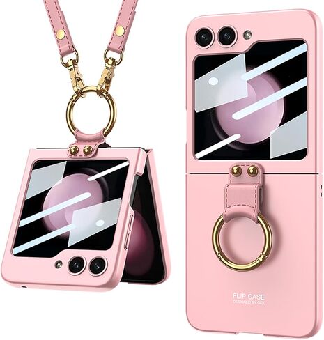 Miimall Compatible for Samsung Galaxy Z Flip 5 Case, [Metal Ring Holder + Adjustable Lanyard Shoulder Strap + Small Screen Protector] Full Coverage Ultra-Thin Cover Case for Z Flip 5 2023(Black) in Saudi Arabia