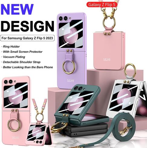 Miimall Compatible for Samsung Galaxy Z Flip 5 Case, [Metal Ring Holder + Adjustable Lanyard Shoulder Strap + Small Screen Protector] Full Coverage Ultra-Thin Cover Case for Z Flip 5 2023(Black) in Saudi Arabia