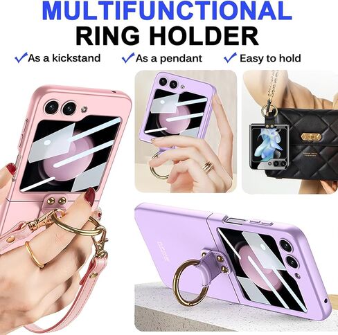حافظة Miimall متوافقة مع هاتف Samsung Galaxy Z Flip 5 مع حزام للنساء والفتيات، [فيلم شاشة صغير مدمج] [مسند حامل حلقة معدنية] حافظة حماية محمولة مضادة للصدمات لهاتف Z Flip 5 2023 (وردي) in Saudi Arabia