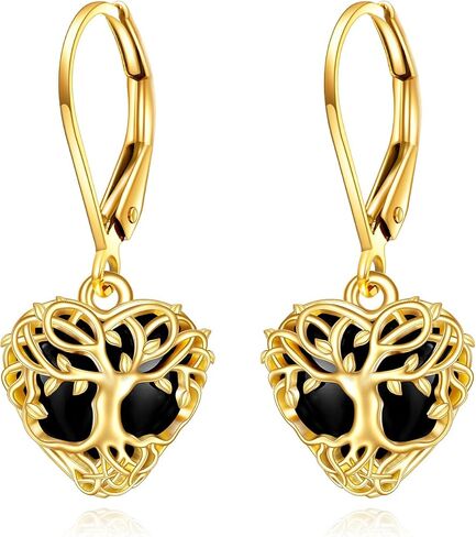 14K Tree of Life Earrings Black Onyx Gold Leverback Dangle Drop Earrings Jewelry for Girls in Saudi Arabia