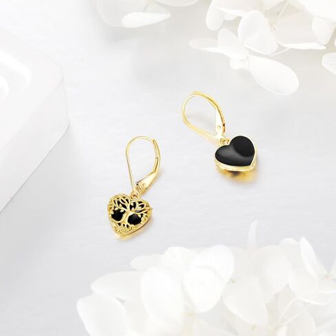 14K Tree of Life Earrings Black Onyx Gold Leverback Dangle Drop Earrings Jewelry for Girls in Saudi Arabia