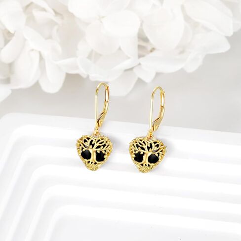 14K Tree of Life Earrings Black Onyx Gold Leverback Dangle Drop Earrings Jewelry for Girls in Saudi Arabia