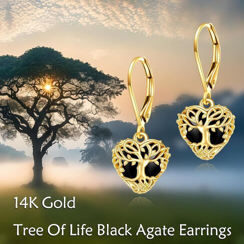 14K Tree of Life Earrings Black Onyx Gold Leverback Dangle Drop Earrings Jewelry for Girls in Saudi Arabia