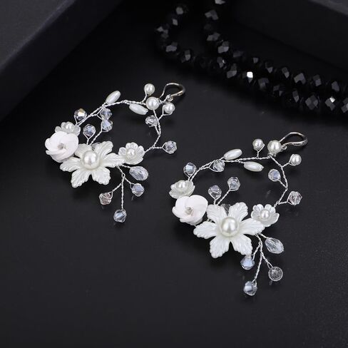 زهرة بيضاء اللؤلؤ أقراط الثريا الفضة مطلي اليدوية تتدلى الأقراط الفضية الثريا تتدلى أقراط مجوهرات الزفاف للنساء الفتيات in Kuwait