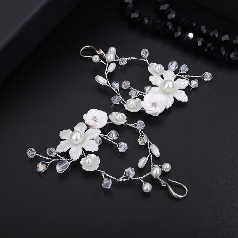 زهرة بيضاء اللؤلؤ أقراط الثريا الفضة مطلي اليدوية تتدلى الأقراط الفضية الثريا تتدلى أقراط مجوهرات الزفاف للنساء الفتيات in Kuwait