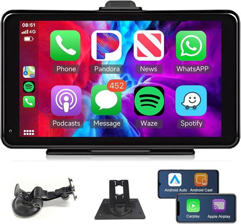 7 بوصة لاسلكية Apple Carplay Android Auto، شاشة CarPlay ستيريو محمولة للسيارة Apple Airplay، بلوتوث مزدوج، رابط مرآة، إرسال FM، التحكم الصوتي، بطاقة TF 64 جيجا in Saudi Arabia