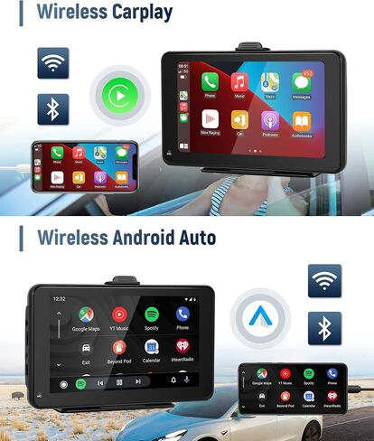 7 بوصة لاسلكية Apple Carplay Android Auto، شاشة CarPlay ستيريو محمولة للسيارة Apple Airplay، بلوتوث مزدوج، رابط مرآة، إرسال FM، التحكم الصوتي، بطاقة TF 64 جيجا in Saudi Arabia