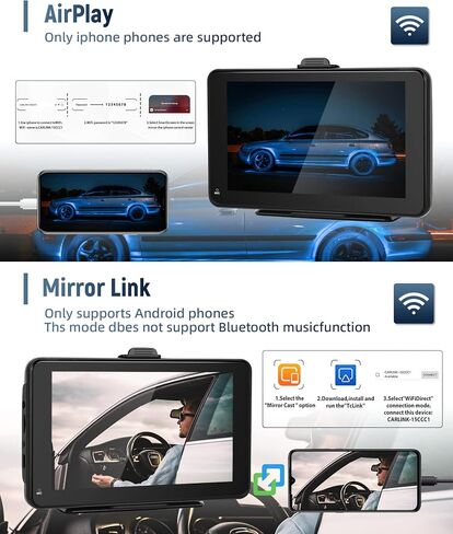 7 بوصة لاسلكية Apple Carplay Android Auto، شاشة CarPlay ستيريو محمولة للسيارة Apple Airplay، بلوتوث مزدوج، رابط مرآة، إرسال FM، التحكم الصوتي، بطاقة TF 64 جيجا in Saudi Arabia