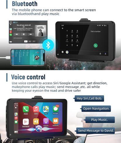 7 بوصة لاسلكية Apple Carplay Android Auto، شاشة CarPlay ستيريو محمولة للسيارة Apple Airplay، بلوتوث مزدوج، رابط مرآة، إرسال FM، التحكم الصوتي، بطاقة TF 64 جيجا in Saudi Arabia