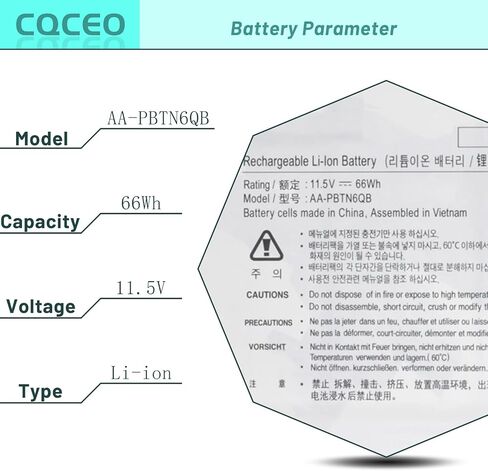 AA-PBTN6QB Laptop Battery Compatible with Samsung Notebook 9 NP900X5N NT900X5N NT900X5N-X78L NP900X5N-X01US NP900X5N-L01US NP900X5N-K03 NT900X5N-X78L 900X5N Series 3ICP5/40/88-2 11.5V 66Wh in Saudi Arabia