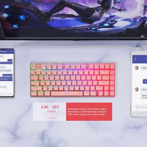 HUO JI Wireless RGB Mechanical Keyboard，Bluetooth/2.4Ghz/Wired Z-88 Gaming Keyboard with Clicky Blue Switches RGB LED Backlit 81 Keys Compact for Mac, PC, Black in Kuwait