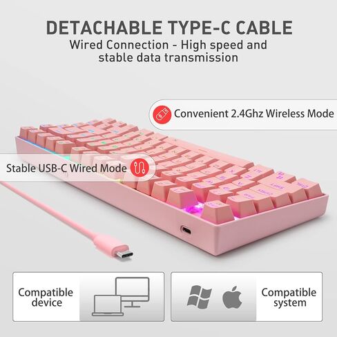 HUO JI Wireless RGB Mechanical Keyboard，Bluetooth/2.4Ghz/Wired Z-88 Gaming Keyboard with Clicky Blue Switches RGB LED Backlit 81 Keys Compact for Mac, PC, Black in Kuwait