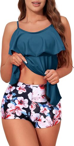 Womens Tankini Swimsuits with Boy Shorts Tummy Control Plus Size Modest Flounce Vintage Tank Top Two Piece Bathing Suits in Kuwait