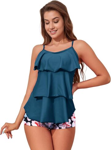 Womens Tankini Swimsuits with Boy Shorts Tummy Control Plus Size Modest Flounce Vintage Tank Top Two Piece Bathing Suits in Kuwait