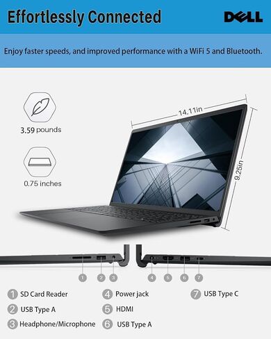 Dell Inspiron 15 3535 Laptop Computer, 15.6'' FHD Touchscreen Laptop, AMD Ryzen 5 7530U(Beat i7-11600H), 32GB RAM, 1TB SSD, Windows 11 Pro, Office 365, HDMI, WiFi 5, Carbon Black in Saudi Arabia