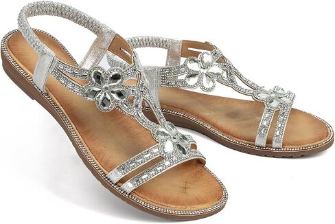 Womens Sandals Shoes Comfort Non Slip Walking Casual Summer Beach Shoes Dress Ankle Elastic Flower Jeweled Bohemian Flats in Saudi Arabia