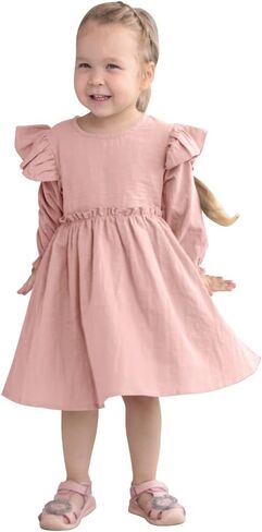 AGQT Toddler Girl Cotton Linen Dress Ruffle Fall Kids Casual Dresses Size 1-6T in Saudi Arabia