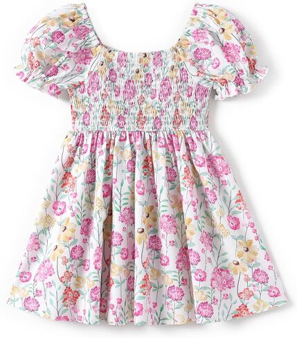 PATPAT Girl's Puff Short Sleeve Dress Floral Juniors Casual Sundress Smocked Dresses 3-14 Years in Saudi Arabia