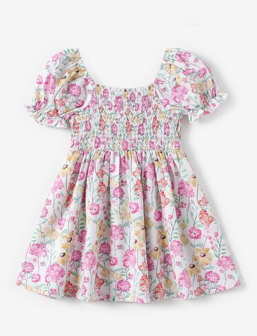 PATPAT Girl's Puff Short Sleeve Dress Floral Juniors Casual Sundress Smocked Dresses 3-14 Years in Saudi Arabia