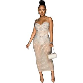 Womens Sexy Sleeveless V Neck Mesh Pearls Rhinestone Bodycon Party Clubwear Dress