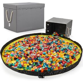 Toy Storage Organizer and Play Mat for Kids - Foldable Organizer Storage Bins with Lids - Detachable Mat Storage Bag Kids Toy Box for Boys, Girls, Nursery, Playroom, 11.6''x11.6''x15.5''(Grey)
