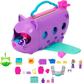 Polly Pocket Dolls & Playset, Kitty Airways Airplane, Travel Toy with 2 Micro Dolls, Pet, Spinning Stage & Accessories