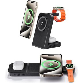 MagFree Transform 3-in-1 Fast Wireless Charging Station Multiple Devices, 15W Magnetic Travel Charger Stand for iPhone 15/14/13/12, 5W Apple Watch Fast Charger, AirPods- 30W USB-C Charger Included