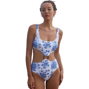 O-Ring Cut Out One-Piece Swimsuit Sexy Floral U Neck Bathing Suit