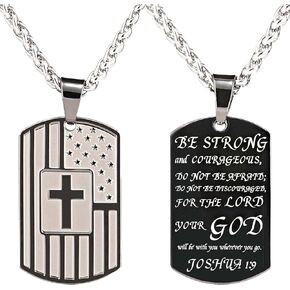Black Dog Tag Flag Cross Necklace for Men Boys, American Flag Stainless Steel Pendent Chain Gifts for Husband Boyfriend Son