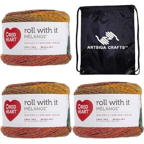 Red Heart Roll with It Melange Show Time E890-0752 (3-Skeins - Same Dye Lot) Worsted Medium #4 Acrylic Yarn for Crocheting and Knitting with Project Bag