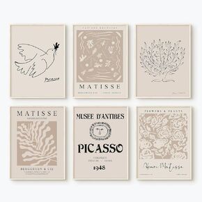 Matisse Aesthetic Wall Art Prints Set of 6 Boho Neutral Wall Decor Beige Abstract Picasso Canvas Wall Art Aesthetic Beige Pictures Picasso Matisse Poster for Living Room Bedroom 8x10 Inch Unframed