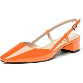 MERRORI Women's Buckle Block Patent Solid Square Toe Slingback Chunky Low Heel Pumps Shoes 1.5 Inch