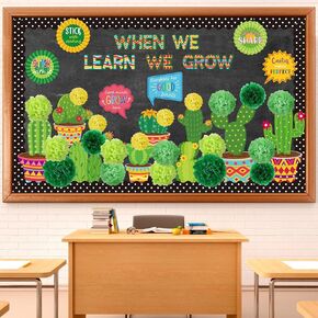 66 Pieces Cactus Classroom Decor When We Learn We Grow Bulletin Board Decorations Set Cactus Cutouts Tissue Paper Pompoms for Kindergarten Elementary Middle School Classroom Decoration Supplies