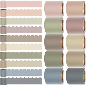 Whaline 164 Feet 10 Rolls Classroom Bulletin Board Borders Neutral Boho Colors Die Cut Border Trim Scalloped Bulletin Board Border for School Classroom Office Party Bulletin Board Decor