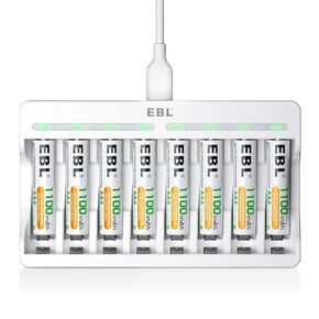 EBL Rechargeable AAA Batteries 1100mAh (8 Counts) and 8 Slot AA AAA Independent Rechargeable Battery Charger with 5V 2A USB Fast Charging Function