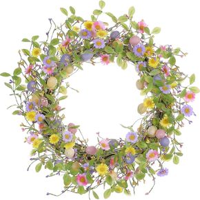Easter Wreath 20" Easter Wreaths for Front Door Artificial Easter Egg Wreath with Daisy Flower Green Leaves for Wall Decor