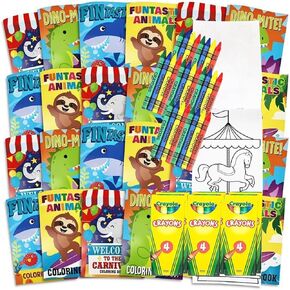 24 Mini Coloring Books & 24 Crayons, Bulk Coloring Books For Kids 5 X 7 Inch Coloring Books bulk, Party Favors, Kids Activities - 24 Books & 24 Crayons.