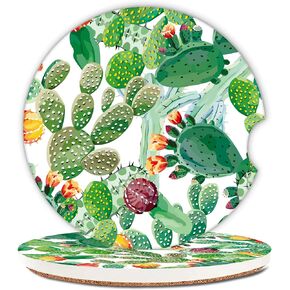 Abstract spring flowers Car Coasters,Ceramic Absorbent Cup Holders with Finger Notch & Cork Base Car Assecories for Women/Men 2.6"(2 Pieces)