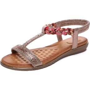 Bernal Women’s Flat Sandals Rhinestone & Flower Cloth Braided Comfort Bohemian Elastic Ankle Strap Walking Sandals Summer Dressy Beach Shoes in Kuwait