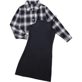 ملابس الفتيات قطعتين سترة قصيرة وفستان كامي بدون أكمام وقميص منقوش للأطفال والفتيات المراهقات من 7 إلى 12 سنة in Kuwait