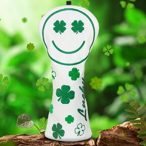 Big Teeth Golf Cover Clover Smile Emo Headcover Covers, Driver Fairway Wood Hybrid Headcovers Fits Irons and Woods Club White Shamrock Head Club Protector Leather