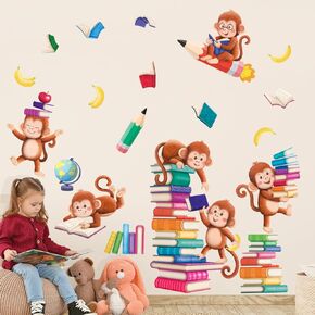 DECOWALL SG2-2402 Books with Reading Monkey Wall Stickers Book Inspirational Decals Removable for Kids Baby Library Classroom Nursery School Bedroom Playroom Living Room décor Reading Nook Home
