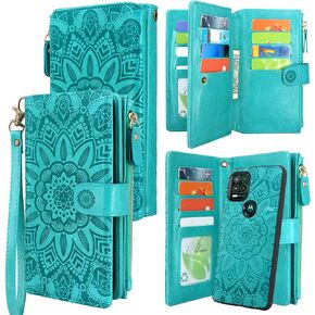Harryshell Detachable Magnetic Zipper Wallet Leather Case with Cash Coin Pocket 12 Card Slots Holder Wrist Strap Lanyard for Motorola Moto G Stylus 5G (2021) (Flower Black)
