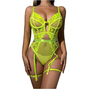 Women Sexy Lingerie Set with Garter Belt Lace Bodysuit Teddy with Panty