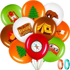 45 Pcs Camper Balloons, Colorful Camping Party Balloons Decorations, Camping Adventure Party Supplies with Green and Brown Ribbon Latex Balloon Kits for Boy Girl Hiking Camper, 12 Inch