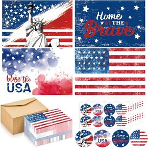 100 Set Patriotic Cards Blank Greeting Card 4th of July and Envelopes Stickers American Flag USA Red White Blue Memorial Day Card Bulk for Veteran's Day Appreciation Note Card 4 x 6 Inch